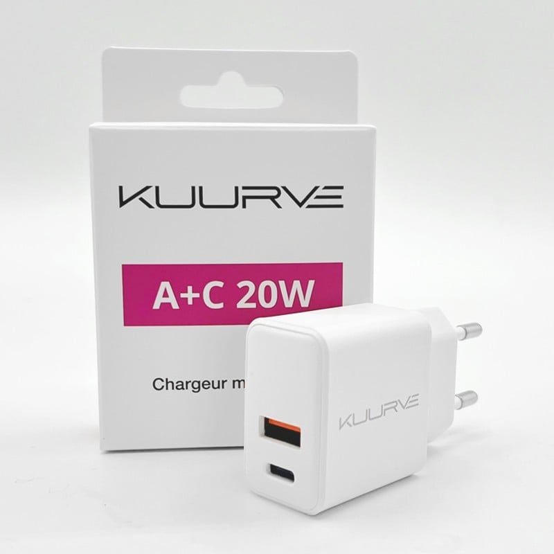 Adaptateur double chargeur secteur USB + USB-C Kuurve