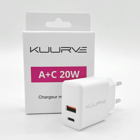Adaptateur double chargeur secteur USB + USB-C Kuurve